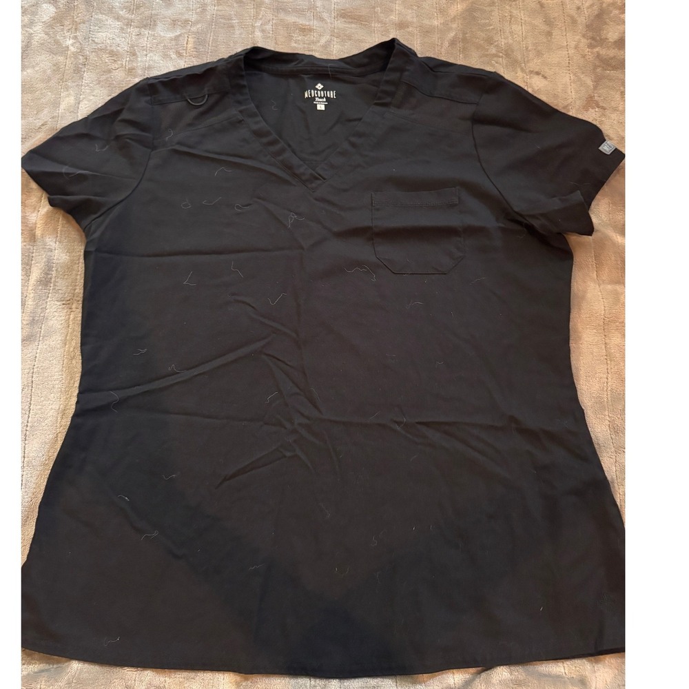 Med Couture Touch Scrub Top Black V-Neck Short Sleeve Pocket Medical Uniform L